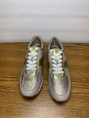 Michael Kors Allie Wrap Trainer Sneakers leather Metallic silver gold Womens 8.5